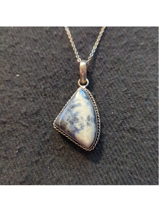 Hand Crafted Jewelry - Silver Plated Blue and White Sodalite Gemstone Pendant Statement Necklace